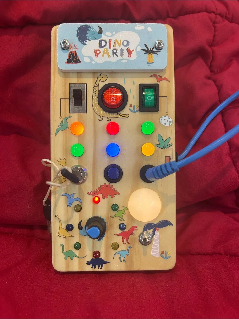 Dino Party Montessori Wooden Busy Board Switches Buttons Lock Key